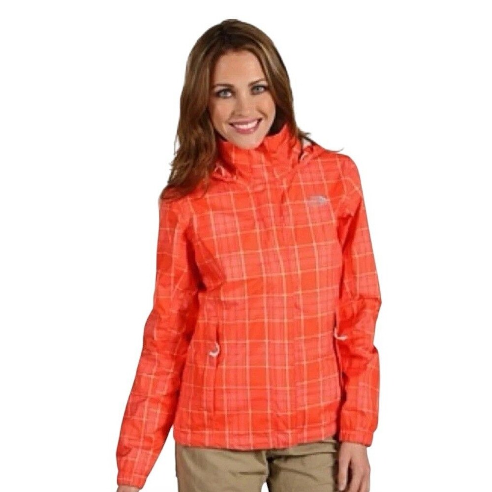 The North Face Resolve Hyvent Plaid Waterproof Rain Jacket Womens Medium Orange